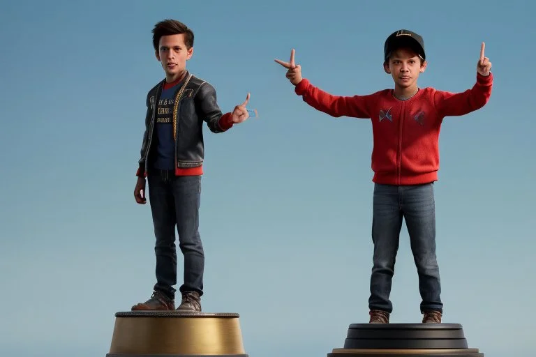 The boy is standing on a stylized podium, raising his right hand victoriously in the air, with his fingers forming a "V" sign. His left hand holds a symbolic representation of his achievement, which could be a miniature golden cup, a shining star, or any object that reflects the context of the competition or event.