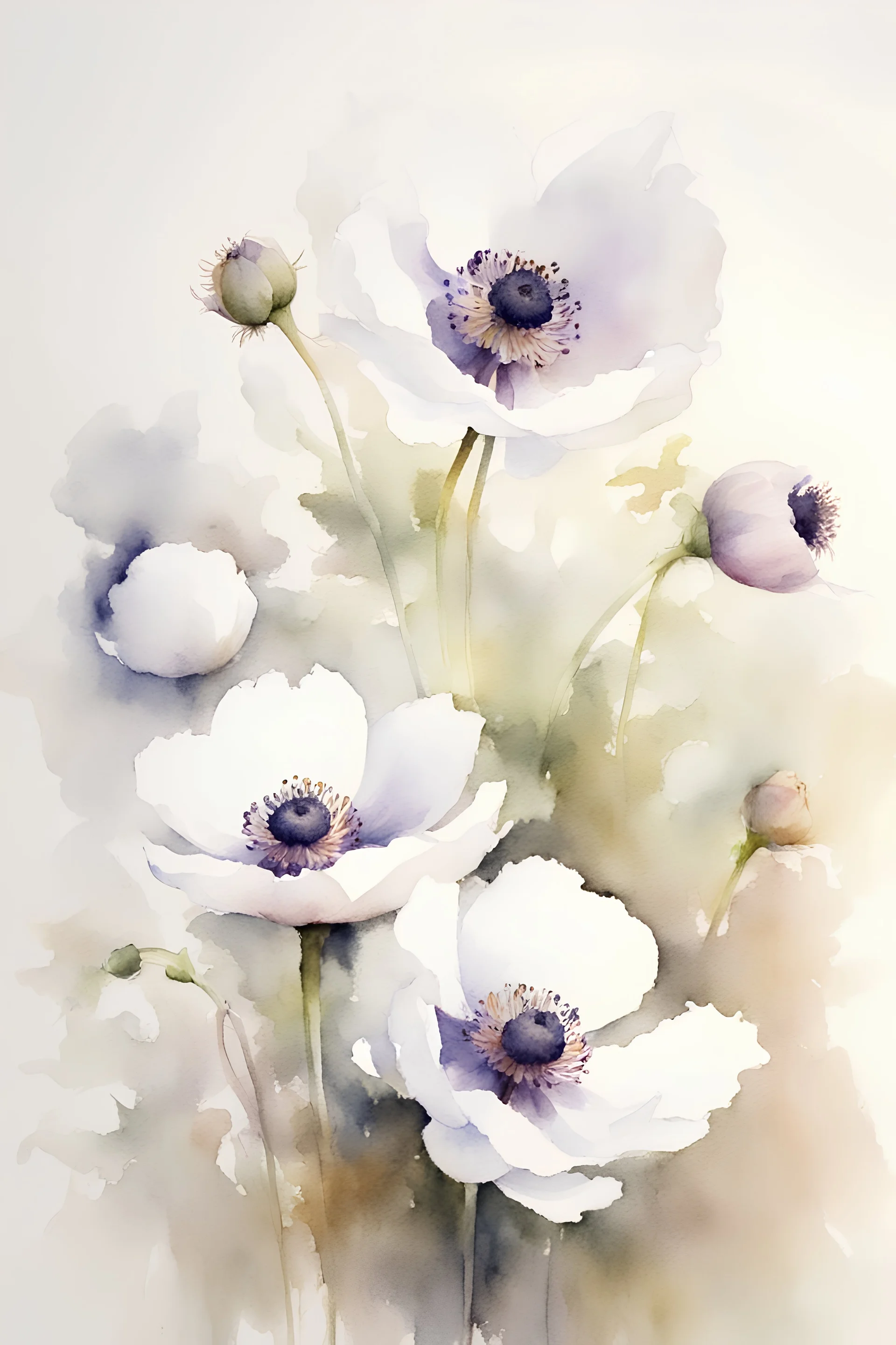 watercolor painting of anemone flowers, highly detailed, in the style of Richard Schmid, perfect composition, minimalistic, masterful, skillfully painted, natural colors, vivid, white background