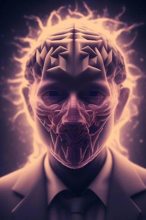 satoshi nakamoto in the bitcoin brain, Fire theme art, Dark moody night atmosphere, , 8K, close-up face, anatomically perfect face