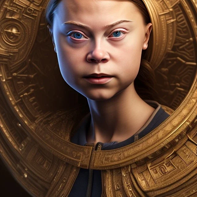 portrait of Greta Thunberg Mystery iconic mask, dramatique, art background, dramatic lighting, volumetric lighting, hyperrealisme, 8k, high quality, lot of details, fit within portrait