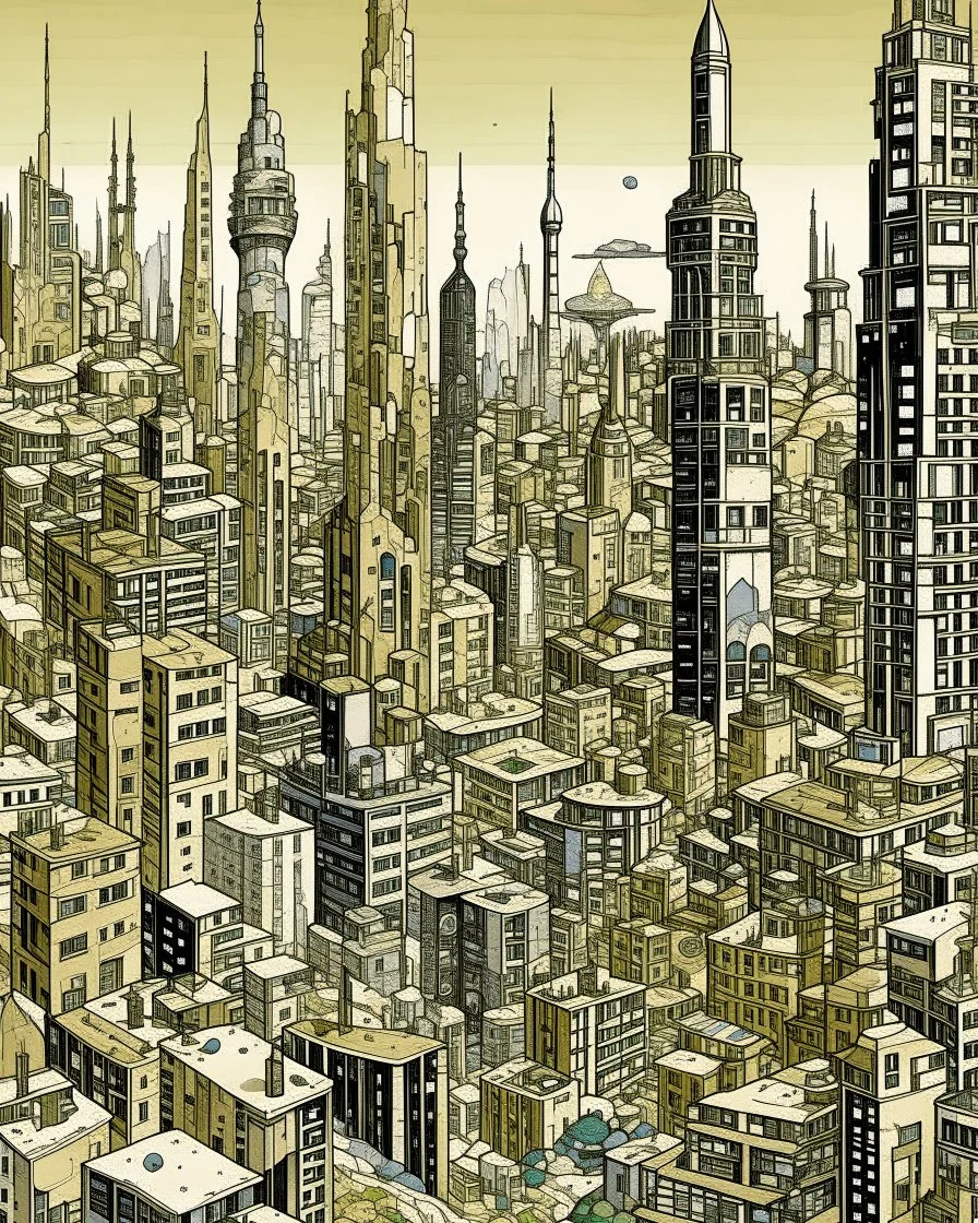 A tan city with tall buildings and a nuclear plant designed in ancient Greek mosaics painted by Jackson Pollock