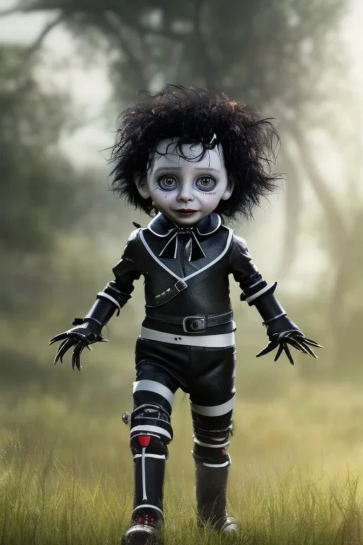 Edward scissorhands toddler, full body, jump, bokeh, hyper realistic