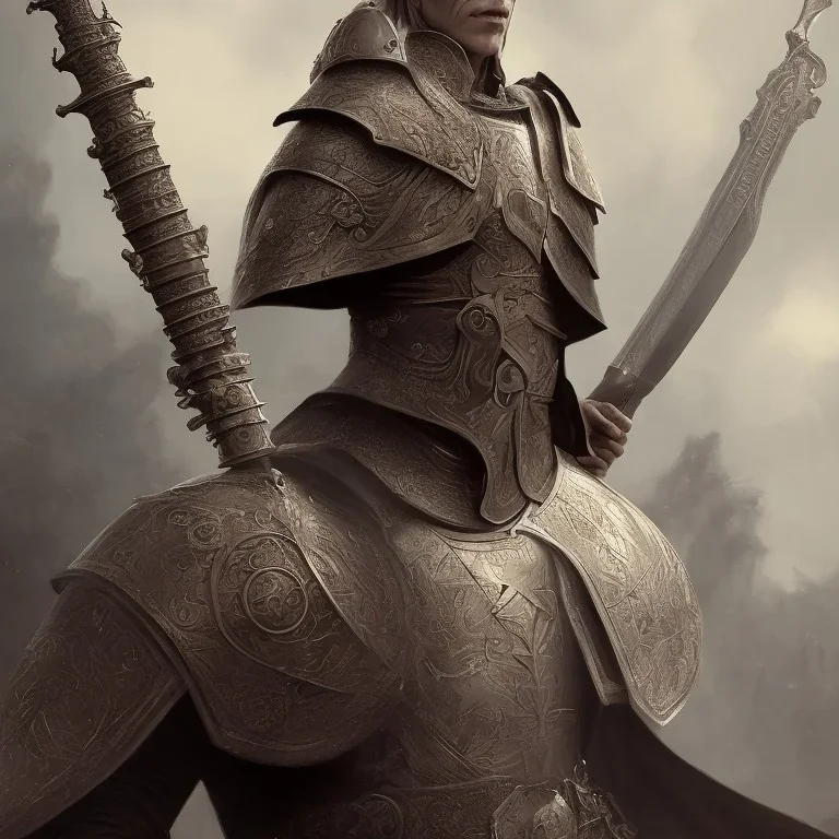 Skull headed knight with armor holding a big sword, standing still, smoke, realistic, 4K, High Definition, Centered