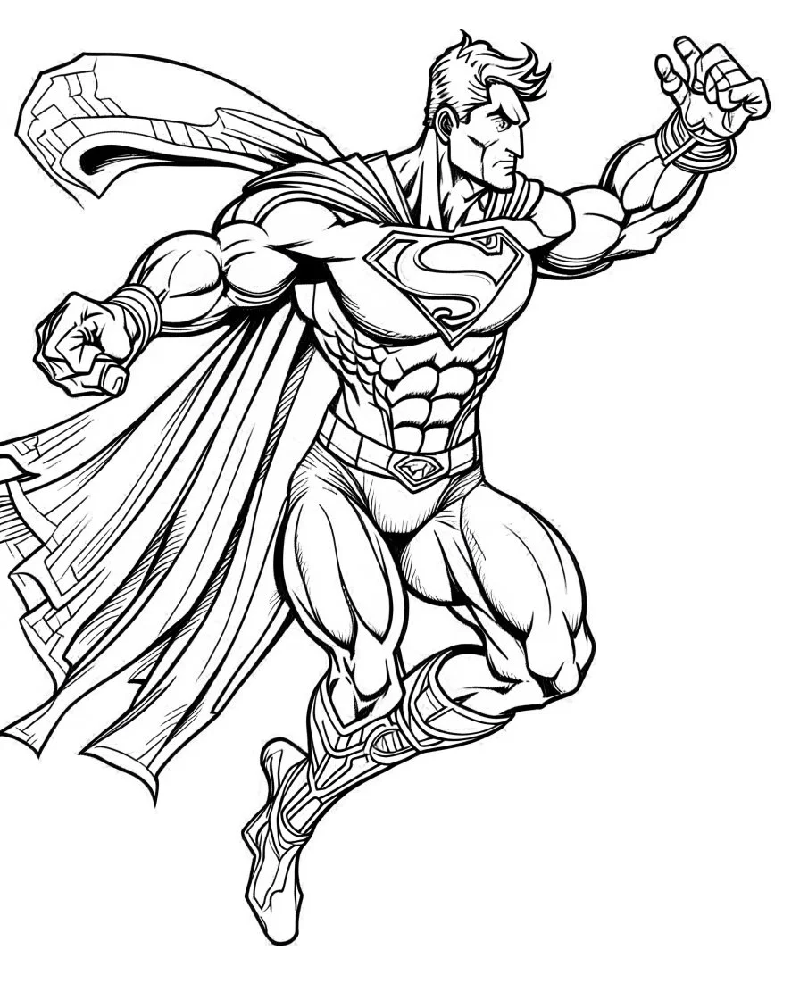 real massive Superman fly, coloring page, no leaves, full body (((((white background))))), only use an outline., real style, line art, white color, clean line art, white background, Sketch style