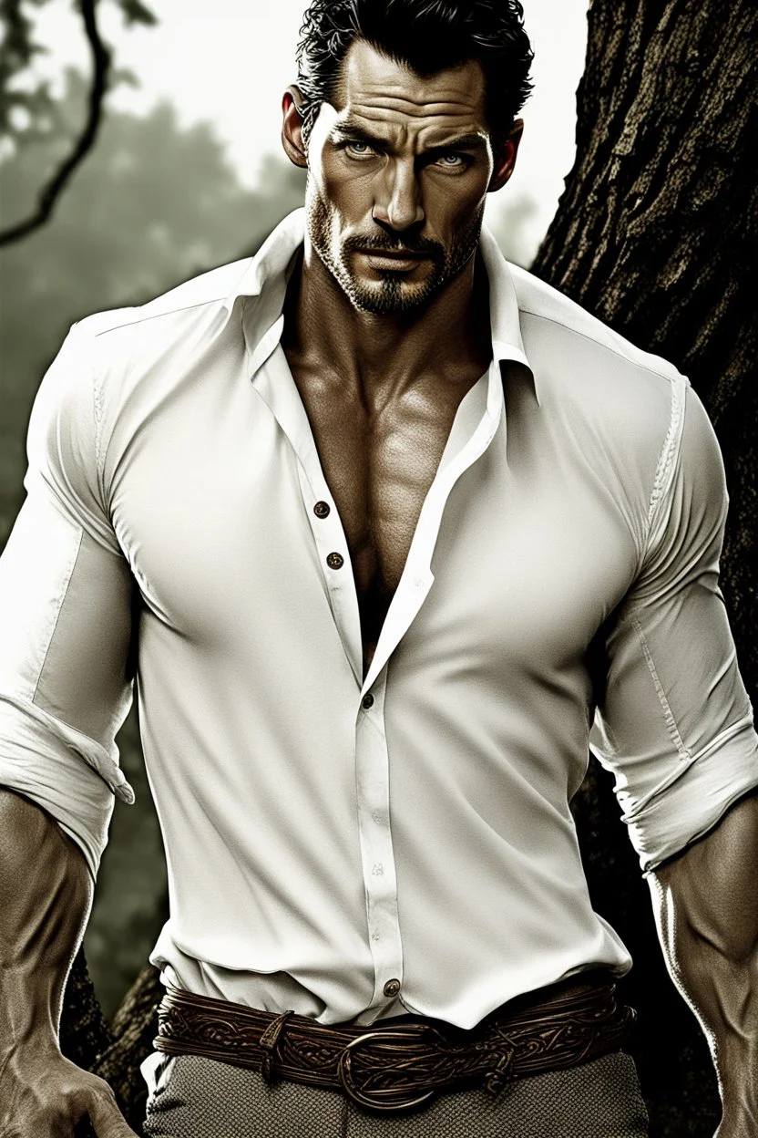 Portait David Gandy as fantasy alpha male very muscular short cropped hair and rough beard, tribal tattoos wearing white button up shirt with rolled up sleeves realistic face, close-up, dark fantasy, fantasy forest, intricate details, hyper detailed, photograph