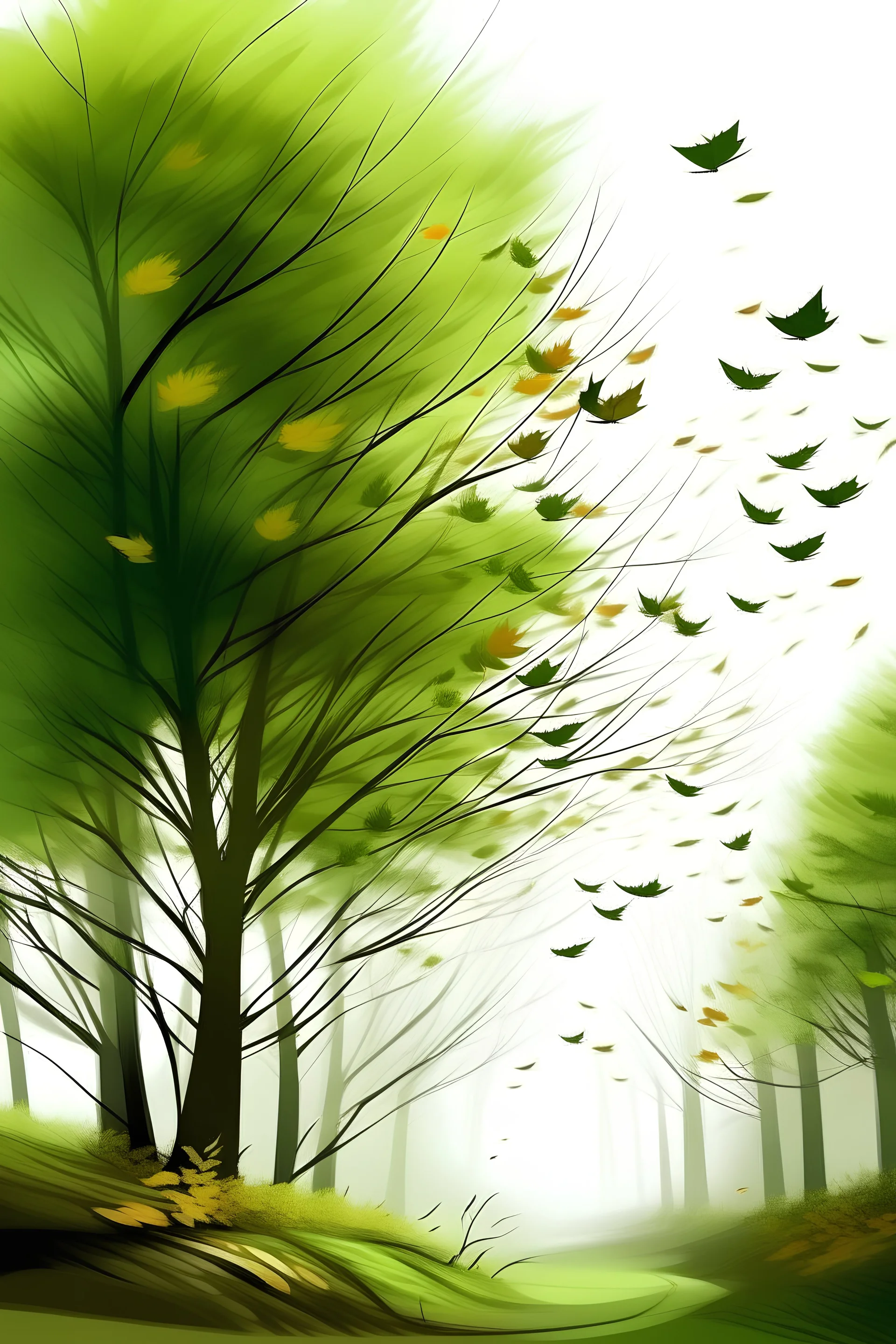 draw a wind flipping the leaves of the forest trees