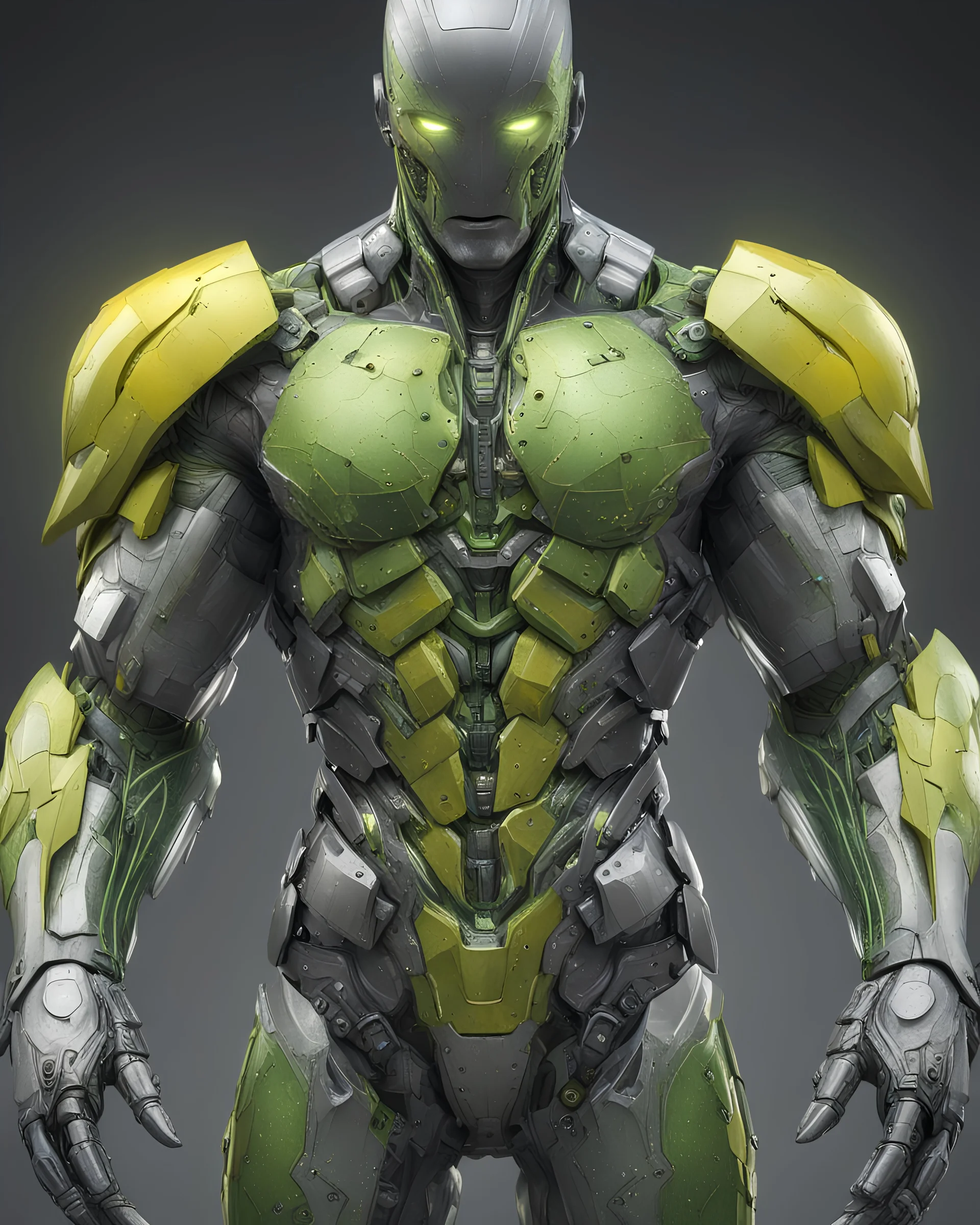 ANDROID man, torso with arms, full body armor, hyper detailed 8k colored pewter, yellow green and silver, incubus, detailed digital painting by Adam Martinakis, Howard Lyon, Alejandro Jansson, Aleksi Briclot, background art by Aaron Miller, ultra - fine detail, 16k, artstation trend, sharp focus, studio shot, intricate details. Full body