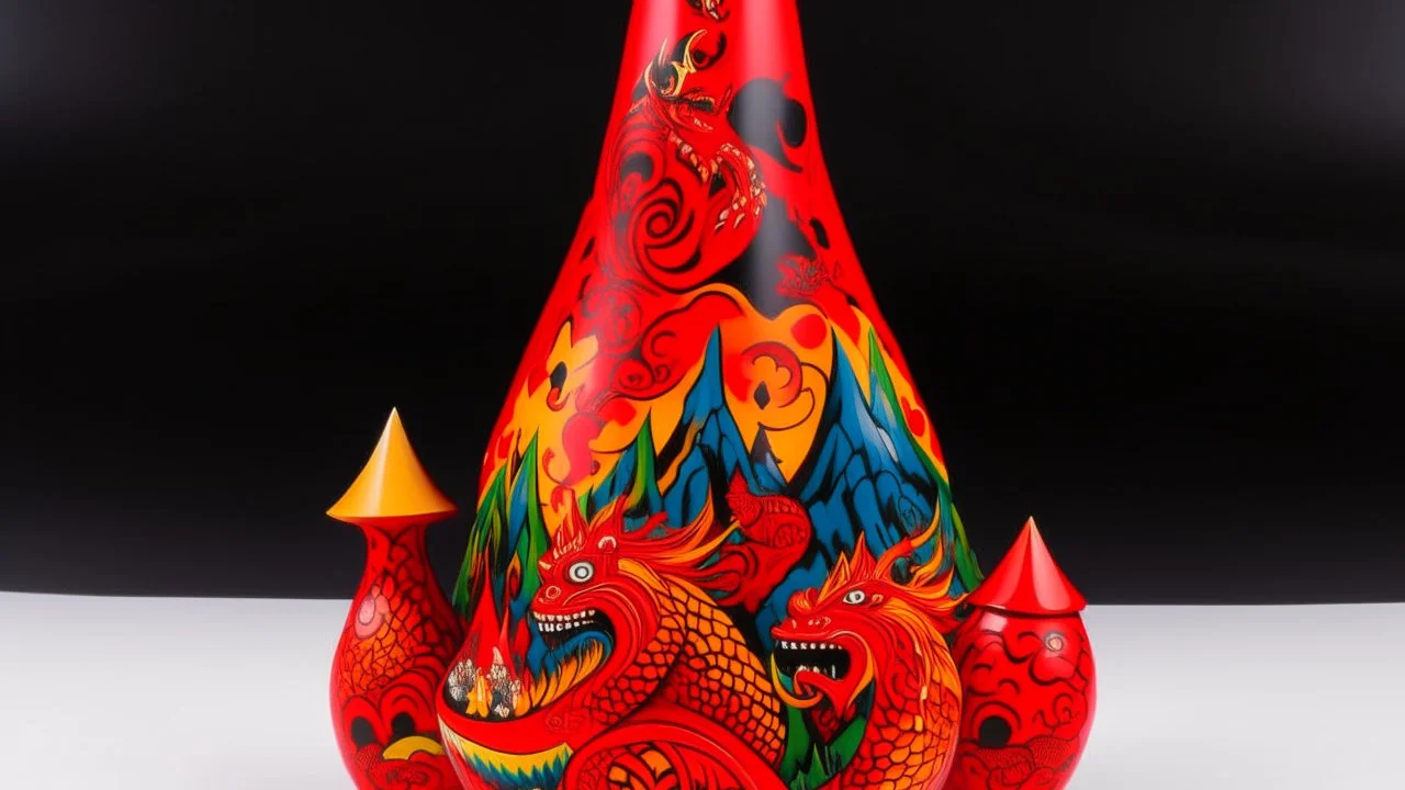 A red fiery peak with dragons designed in Matryoshka dolls painted by Wassily Kandinsky