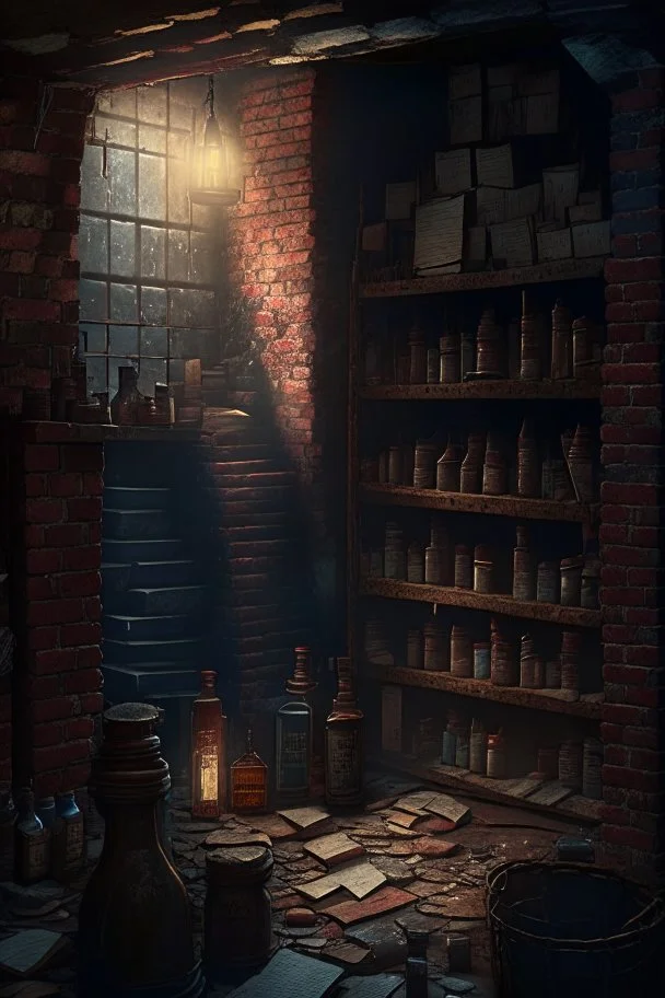 A dark, dingy brick dungeon, with a small hanging shelf holding six vintage bottles of various sizes, and books scattered on the floor