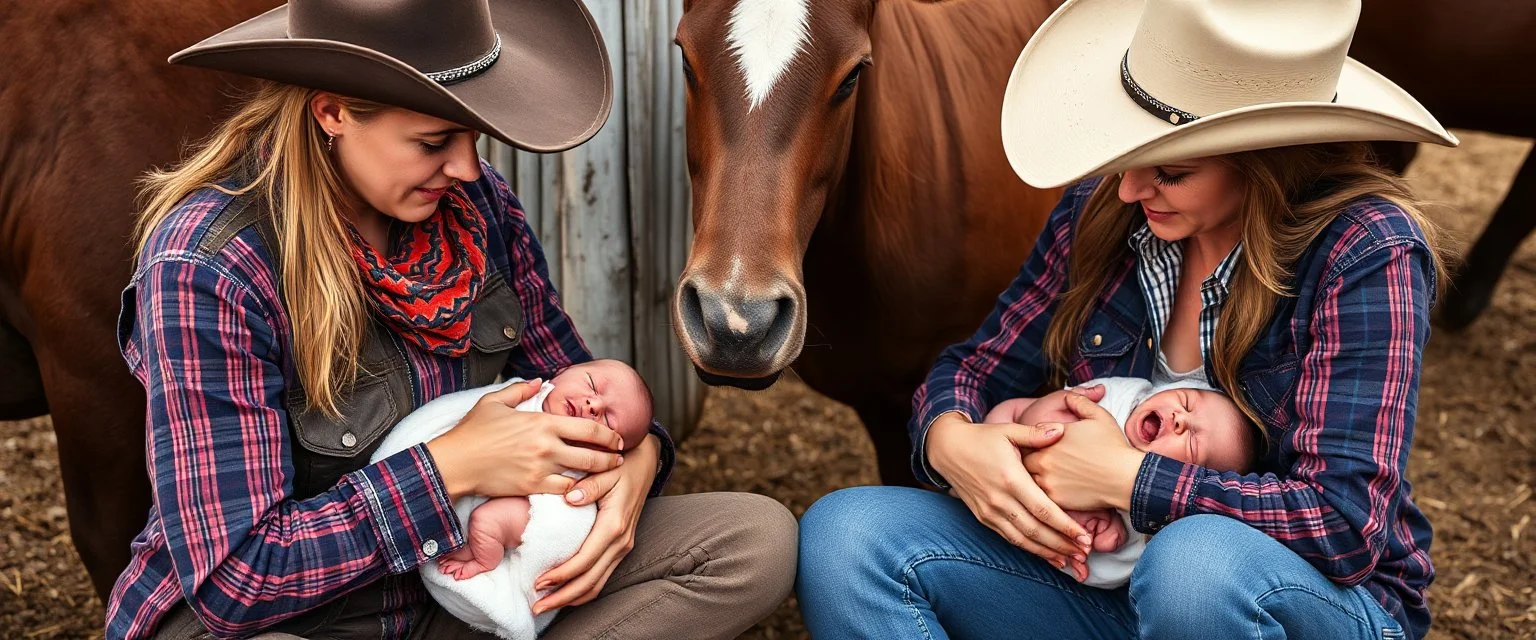 Cowboys women breastfeeding and giving milk to human babies.