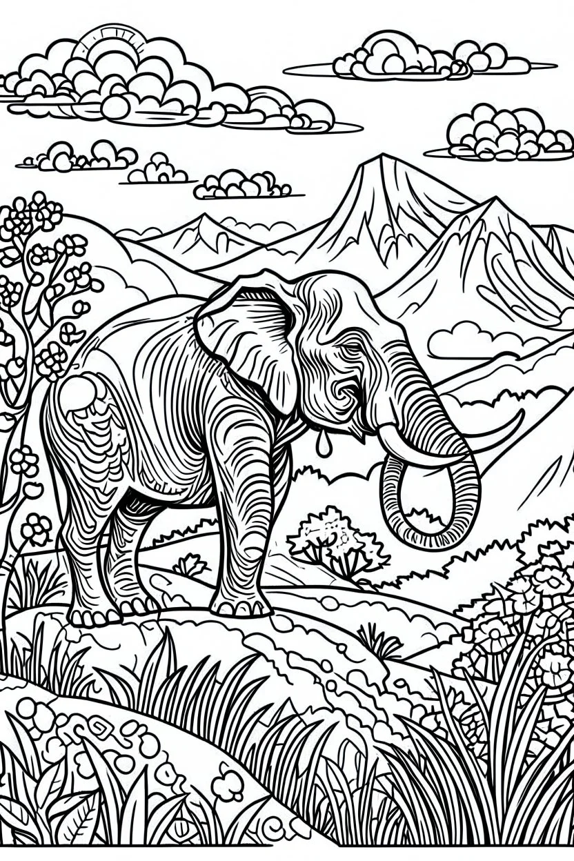 DRAW TO COLORING OF A ELEPHANT ON A MOUNTAIN, BLACK AND WHITE CARTOON STYLE, LOW DETAILS, THICK LINES, NO SHADING LINES