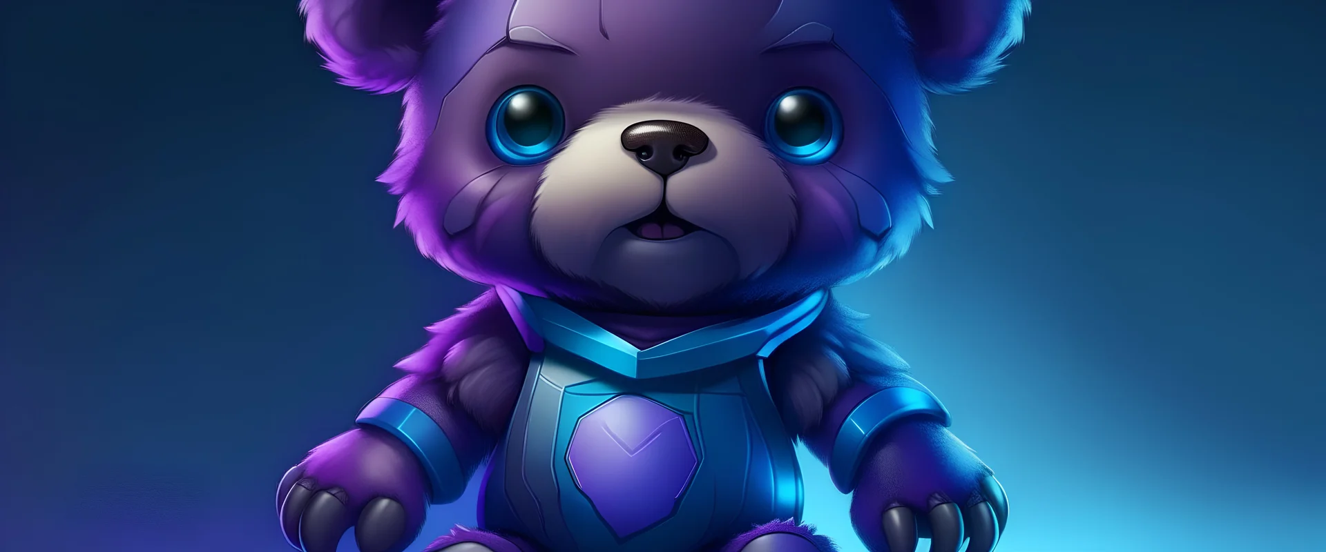 Android, female, looks like it's not an Android, looks like a plush toy, looks like a teddy bear, half purple, half blue, has sharp teeth, concept art.