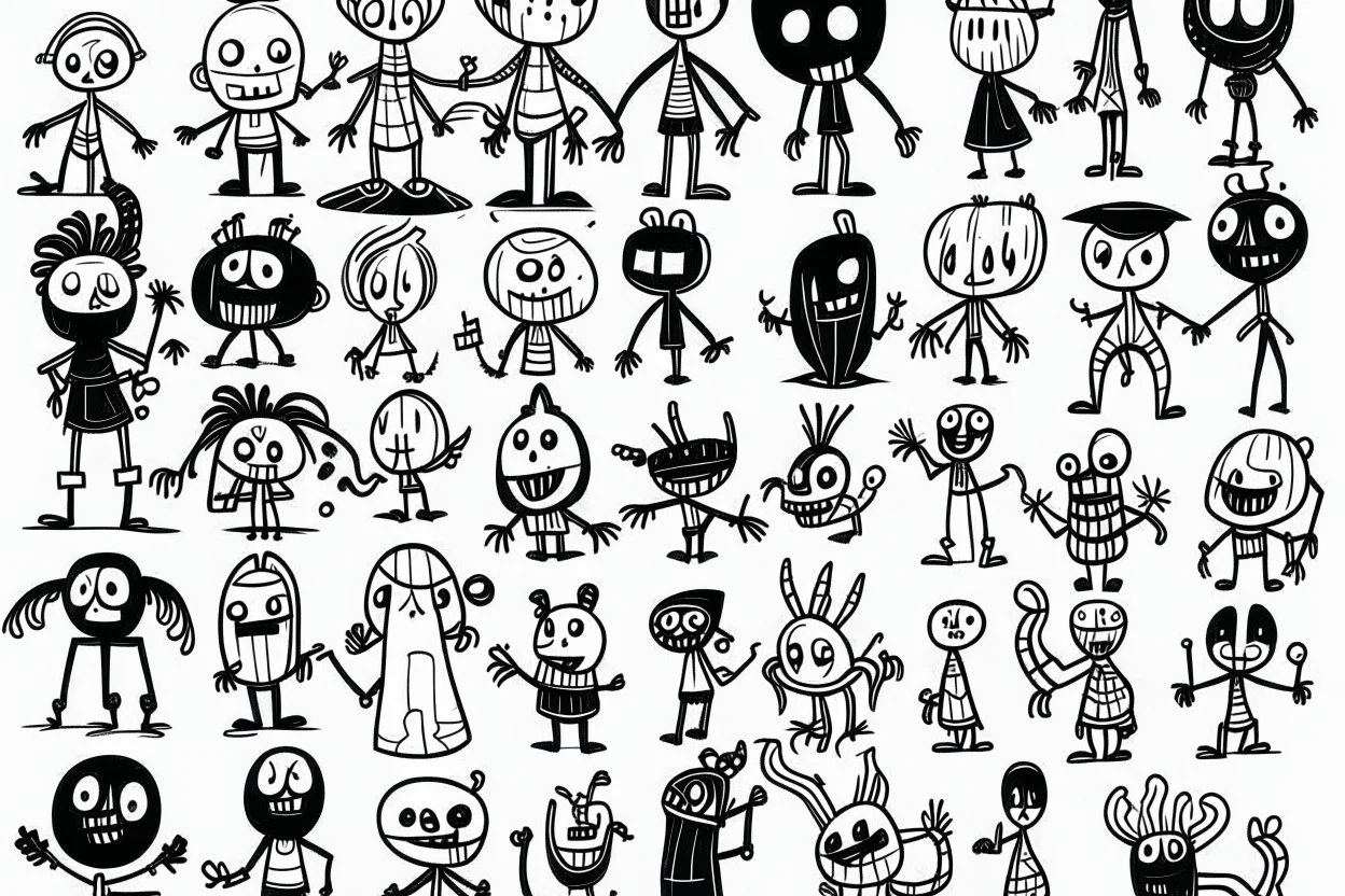 make a bunch of simple hand-drawn spooky and cute cartoon characters with bodies arms, and legs I could draw and make them all different