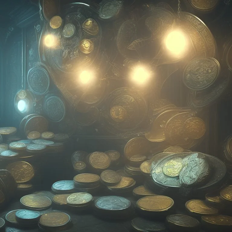 dynamic lighting, Intricately detailed, Splash screen art, deep color, Unreal Engine, volumetric lighting, silver coins, chest full of silver coins, vault of treasure, bank vault,