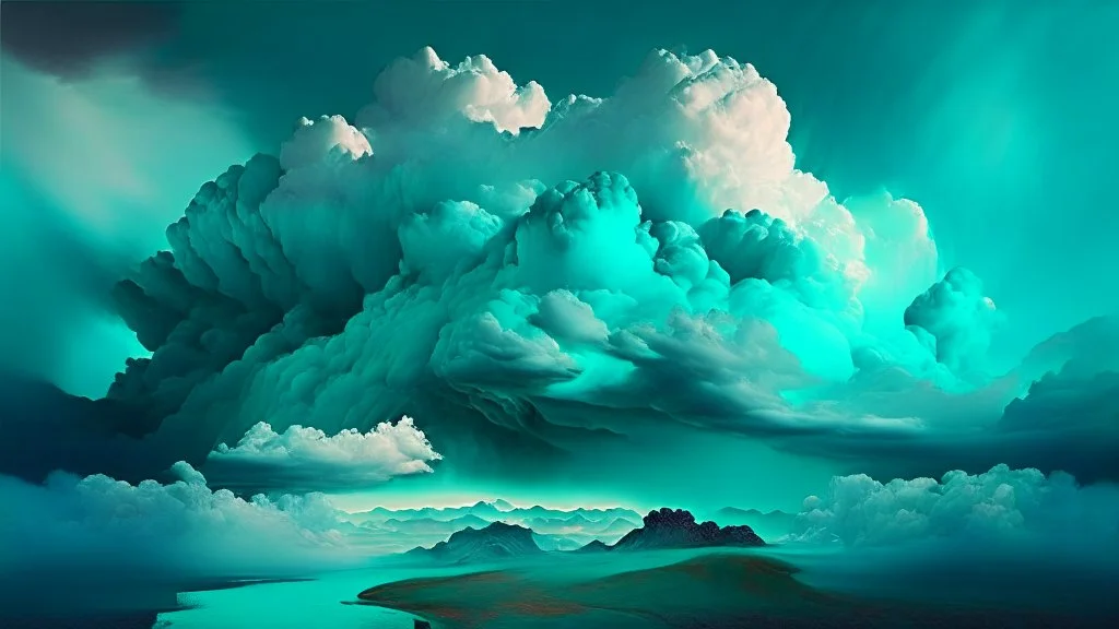 Phantasy landscape with dramatic cloud in aqua color