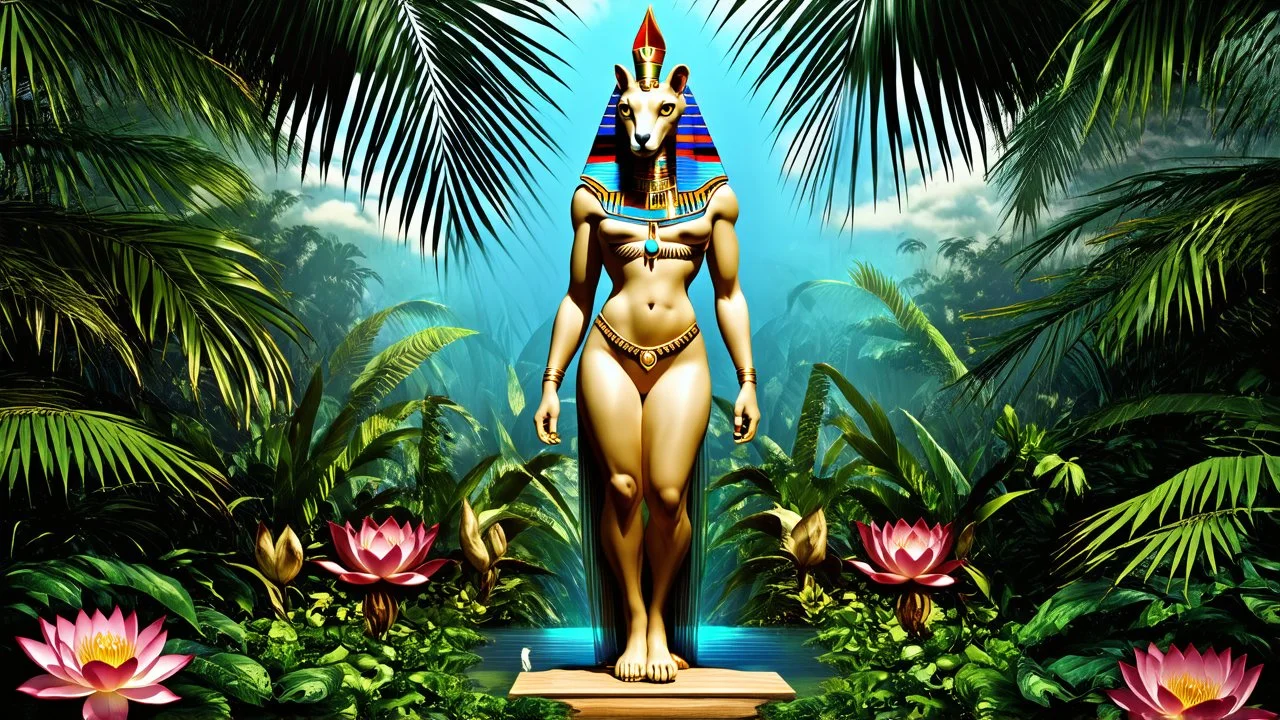 A majestic and powerful figure of Taweret, the Egyptian goddess of childbirth and fertility, stands tall and regal. Her imposing form is adorned with intricate hieroglyphs and adornments, symbolizing her divine status. She is surrounded by lush, tropical vegetation, with lotus flowers and palm trees creating a mystical and otherworldly atmosphere. Her eyes are filled with wisdom and compassion, radiating a sense of protection and nurturing.