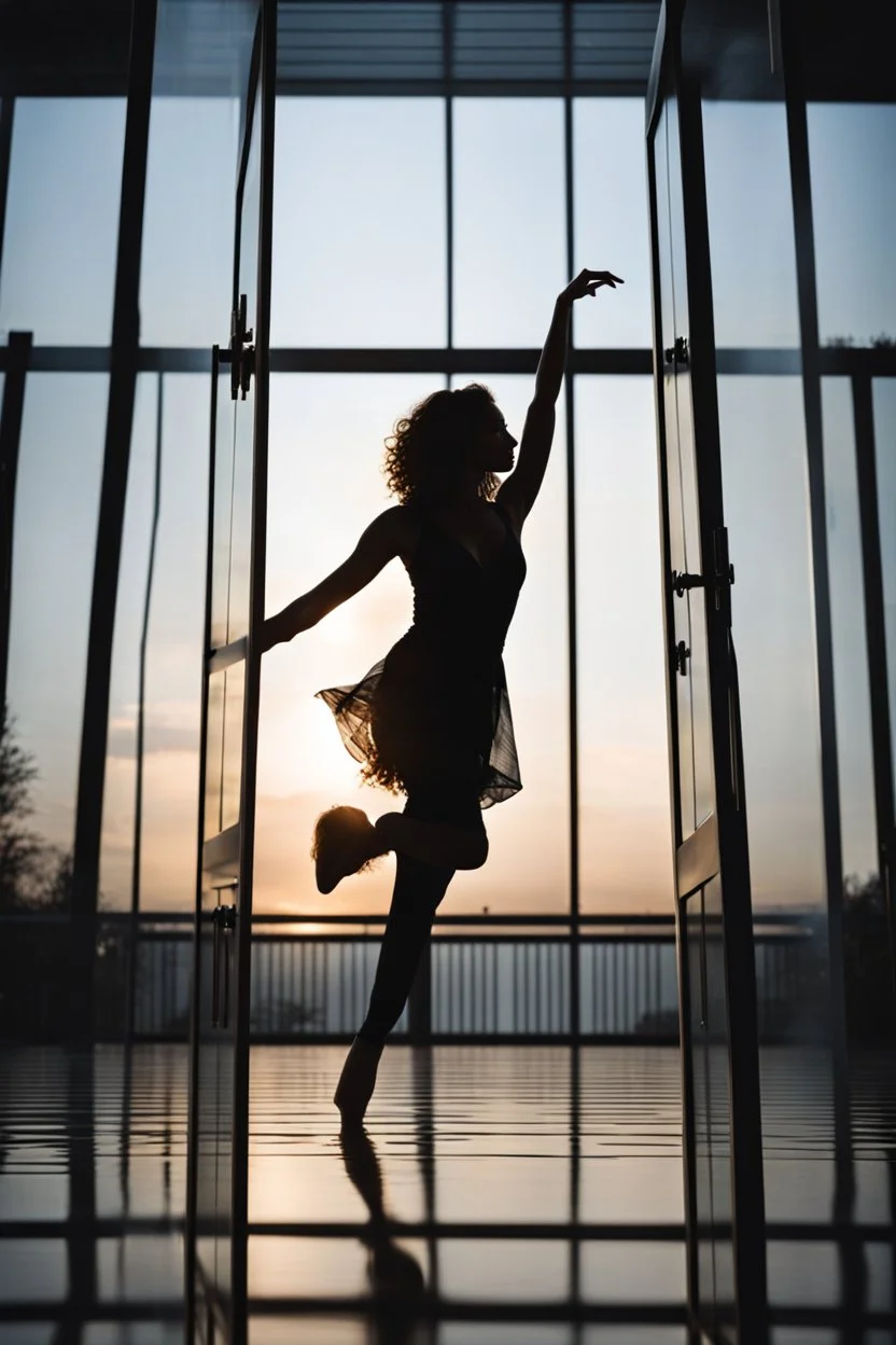 silhouette of a beautiful woman dancing behind a glass door, high quality, highly detailed, stunning, high realistic picture, impressive, sharp focus, perfect shot, professional photo