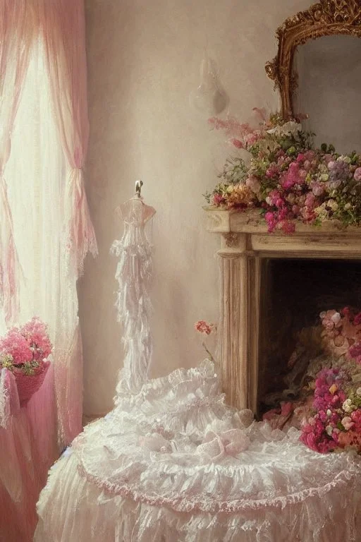 A beautiful romantic ruffled dress, decorated with beautiful embroidered flowers and lace, hanging on a hanger in a bedroom by the fireplace, in the light of the fireplace, Hyper realistic, oil on canvas award winning fantastic view ultra detailed acrylic art Ultra realistic Impressionism Surrealism simen johan, sharp focus intricate oil on canvas cinematic lighting photorealistic high detail ultra detailed crisp quality colourful