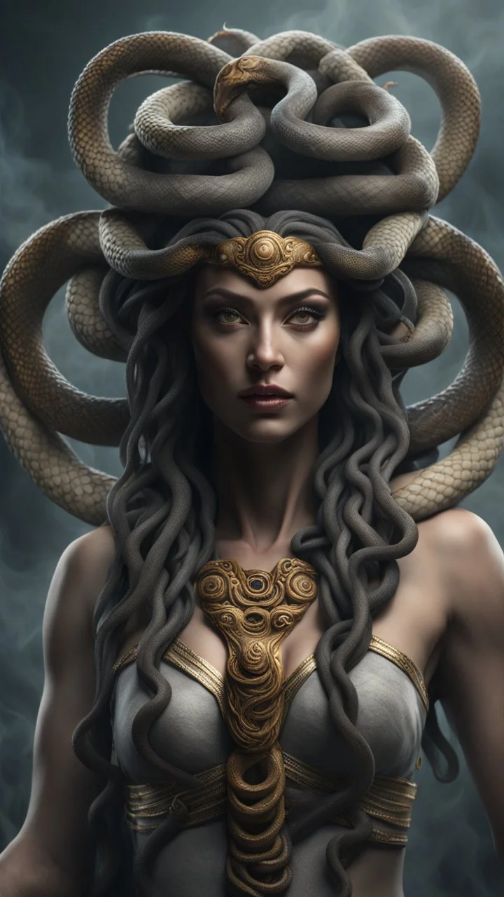 medusa goddess portrait, best quality,4k,8k,highres,masterpiece:1.2),ultra-detailed,(realistic,photorealistic,photo-realistic:1.37), snakes as hair,scales on the face and body of the goddess, mcold and stoic expression,fierce and powerful pose, idark background with smoke and mist, Greek mythology theme