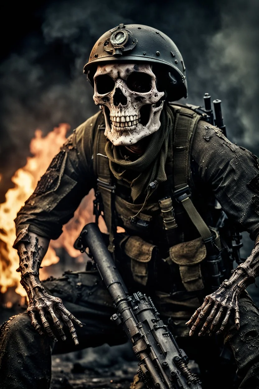 ultra high definition image of an attractive but scary looking skeleton, rising from the ashes, a war veteran, partially humanlike characteristics, army beret and ripped amo wear, very detailed, chaotic background, dramatic close-up action shot of him on a burned out war tanker with a torpedo on shoulder ready to fire and ammo ,gothic and dark theme, 12k