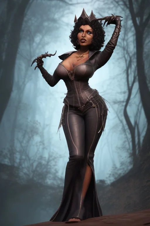 Pam Grier as evil queen in black leather, leather, busty, cleavage, angry, stern look. character design by cory loftis, fenghua zhong, ryohei hase, ismail inceoglu and ruan jia. unreal engine 5, artistic lighting, highly detailed, photorealistic, fantasy