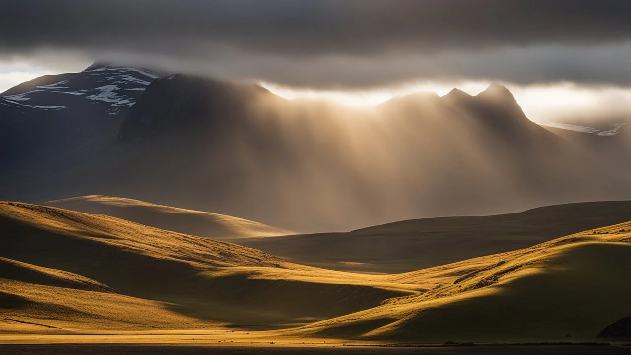 Mountainous landscape on Kerguelen, dramatic sunlight, chiaroscuro, awe-inspiring, beautiful composition, award-winning photograph