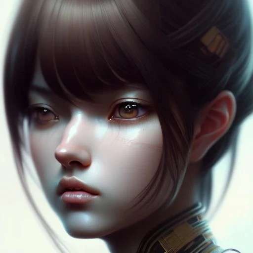 Japanese girl with big brown eyes and long black hair with bangs, cute, beautiful, high quality, insane detail, by Greg Rutkowski, straight bangs, asian