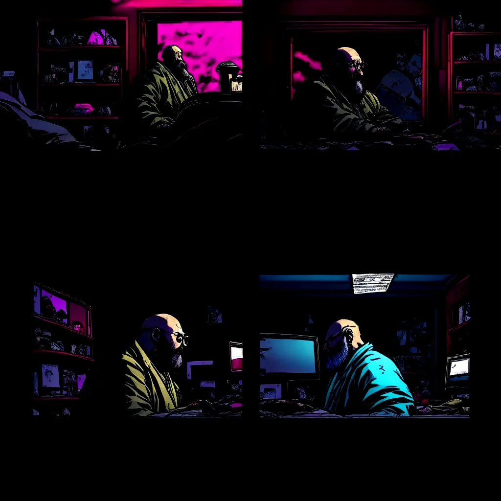 comicbook, 2 panels, bright colors, in the left panel, a fat, bearded man watches the tv, (in the right panel, (side angle view:1.2)of the tv), background is a haunting dimly lit, decrepit room.The atmosphere should be chilling, with shadows and decay adding to the eerie ambiance.