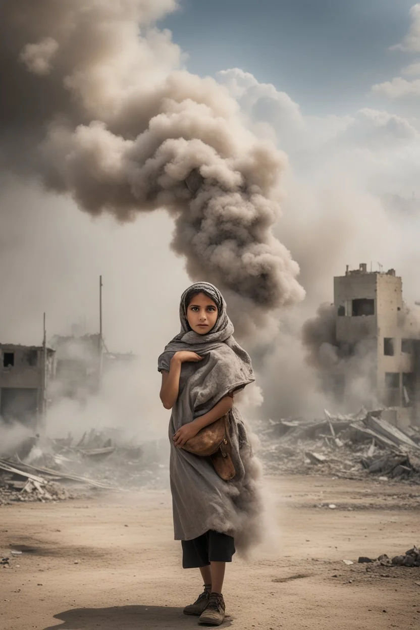 close young palestinian girl with a kuffeah. Large clouds of smoke rise from the land of gaza . With demolished buildings in the background. Made in the palestinian style