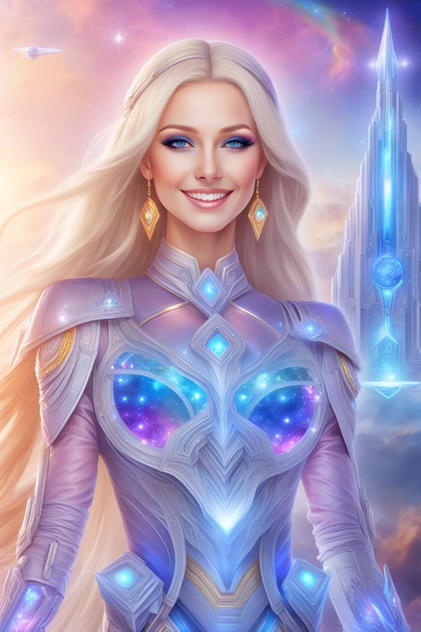 cosmic woman smile,beautiufos rainbow, admiral from the future, galactic confédération, fine whole face, crystalline skin, expressive blue eyes,rainbow, smiling lips, very nice smile, costume pleiadian, Beautiful tall woman pleiadian Galactic commander, ship, perfect datailed golden galactic suit, high rank, long blond hair, hand whit five perfect detailed finger, amazing big blue eyes, smilling mouth, high drfinition lips, cosmic happiness, bright colors, blue, pink, gold, jewels, realist,
