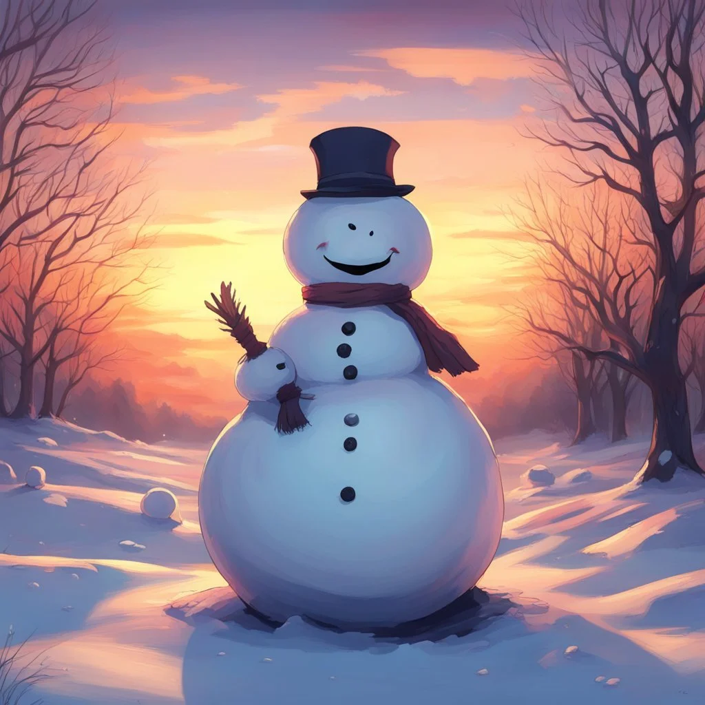 a villanous horror snowman, serene and peaceful sunset background, soft sunlight, 2d anime art,