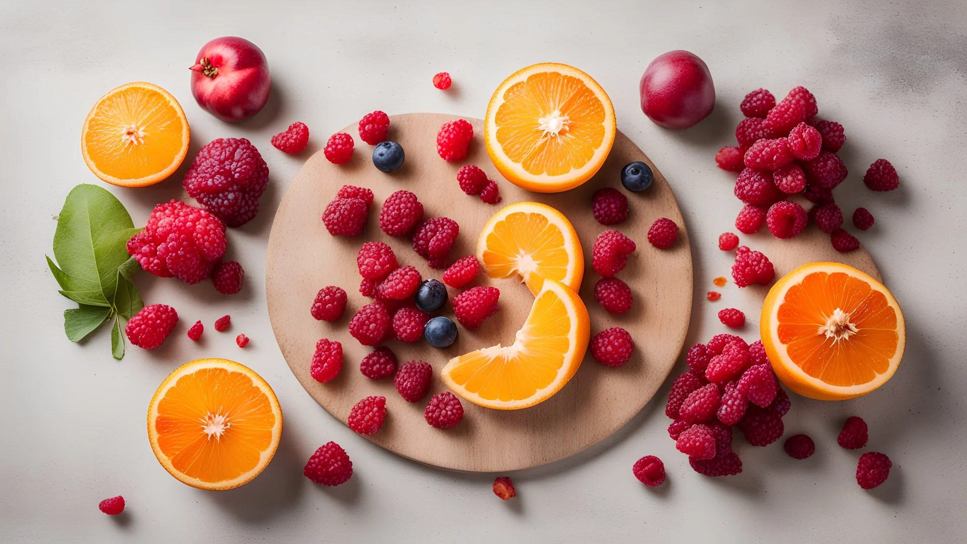 Delicious fruit on round wood chopping board, mango pomegranate raspberries papaya oranges passion fruits berries on off white concrete background, selective focus