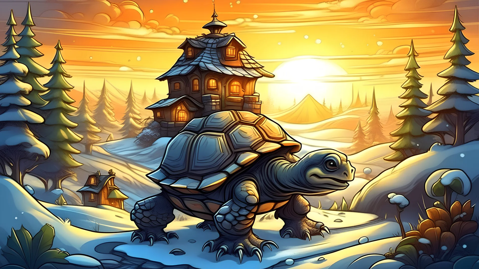 Draw me a picture in a realistic cartoon style of a turtle looking fast and riding a fast machine in a forest and wonderful snow houses with a beautiful sunset.