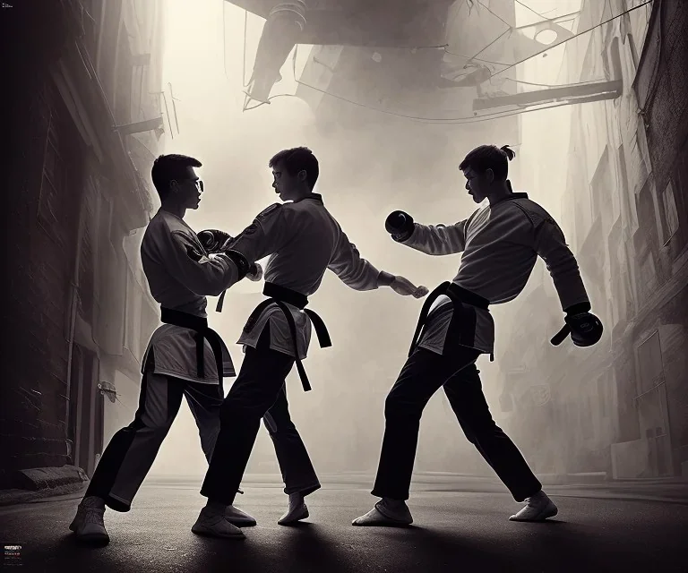 mdjrny-v4 style, twin plain clothed American tae kwan do artists in a back alley in Los Angeles in a fighting stance, dramatic lighting, epic photo, volumetric lighting, detailed, photo realistic, cinematic, by seb mckinnon