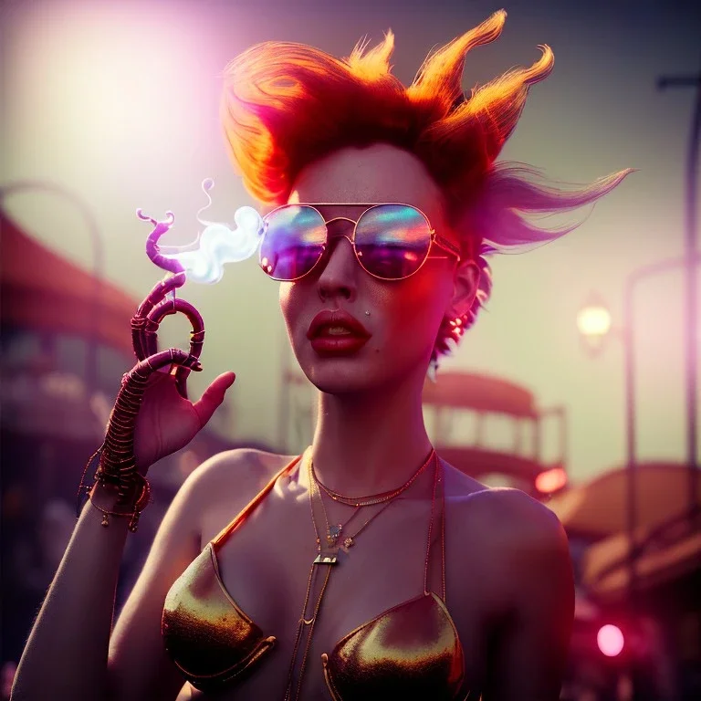 Ultra Realistic photo, medium shot view, women, carnival scene, futuristic steampunk. hair monster, Drunken, Sunglasses, smoking, happy, hot. Cabaret background, highly detailed, concept art, unreal engine 5, ray tracing, RTX, lumen lighting, ultra detail, volumetric lighting, 3d, finely drawn, high definition, high resolution.