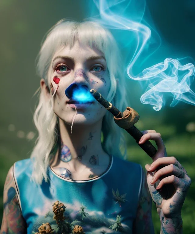 Ultra realistic wonderland photo, happy blonde woman smoking a pipe, old school tattoo, white rabbits, blue circus dress style, smoke, marijuana garden, glow eyes, perfect iris, party people, soft color, highly detailed, unreal engine 5, ray tracing, RTX, lumen lighting, ultra detail, volumetric lighting, high definition.