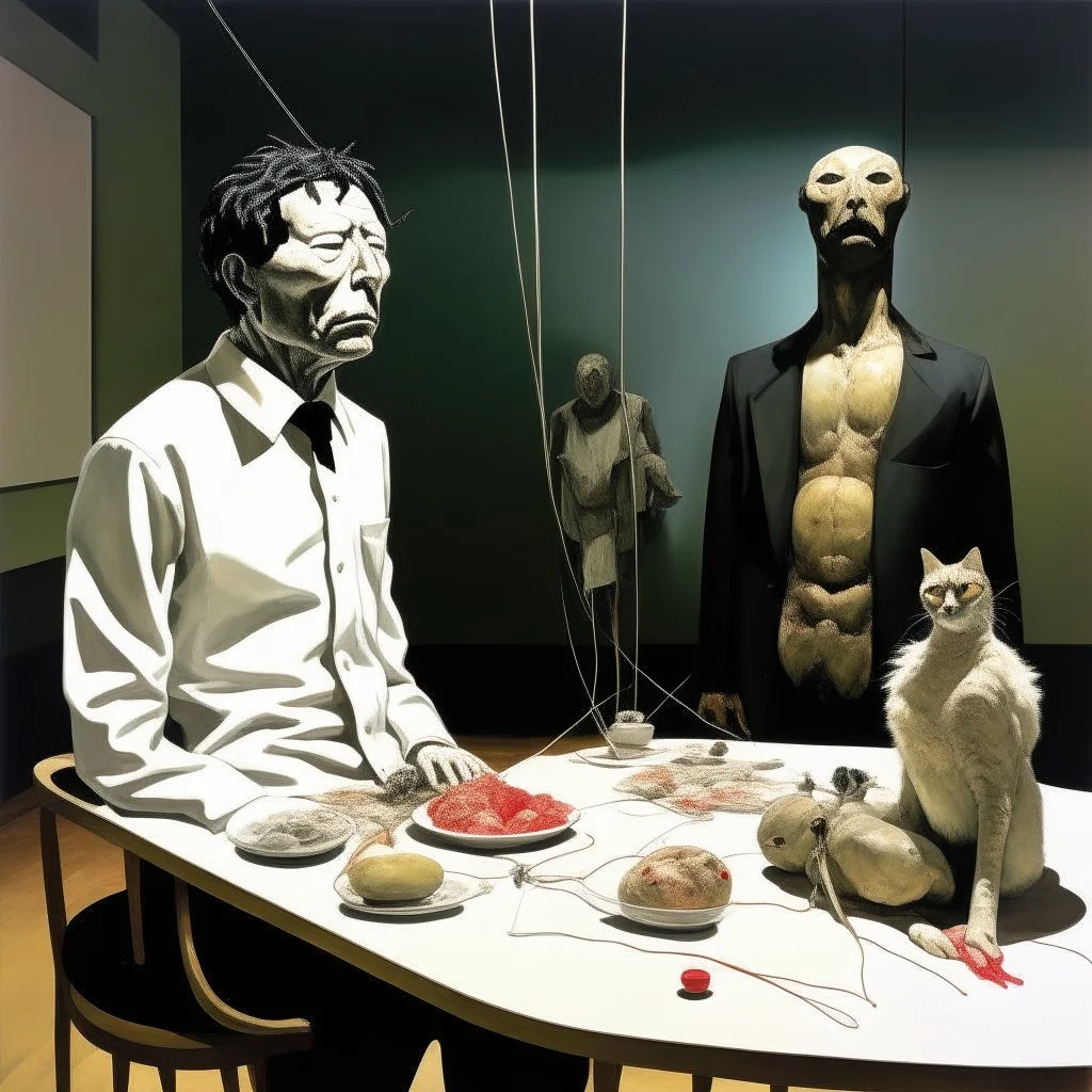 UN conference.a cat and human flesh-like surgical instruments and universe-like a pigeon and neuralink, surrealism,minimalism,Painting By Adrian Ghenie, Rene Magritte, Salvador Dali, Lucian Freud