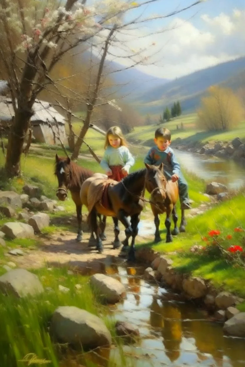 Spring in skåbu, sun, close up portrait of cute children walking in mountains by stream, horse, broken old tractor, prize winning oil painting