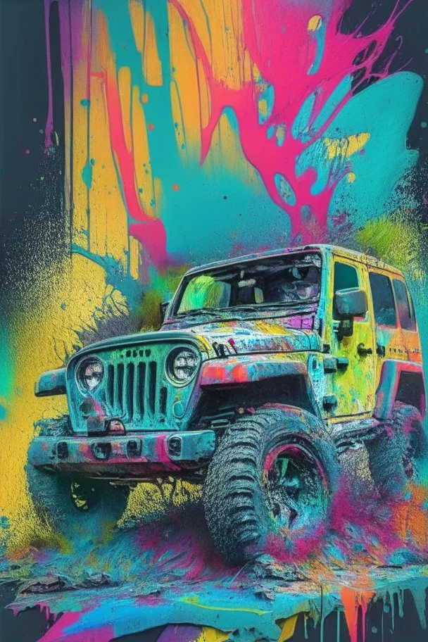 jeep on a terrain, graffiti art, splash art, street art, spray paint, oil gouache melting, acrylic, high contrast, colorful polychromatic, ultra detailed, ultra quality, CGSociety abstract art complementary colors fine details