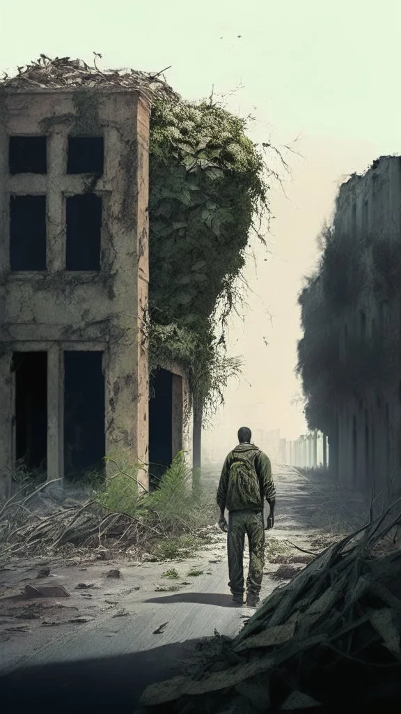 ruined street with bushes and man