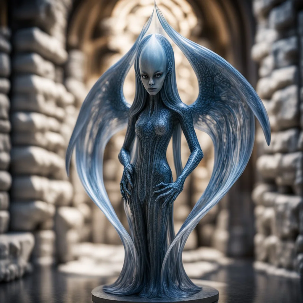 giger escher illithid angel sculpture in transparent murano glass in front of stone wall,bokeh like f/0.8, tilt-shift lens 8k, high detail, smooth render, down-light, unreal engine,bokeh like f/0.8, tilt-shift lens 8k, high detail, smooth render, down-light, unreal engine