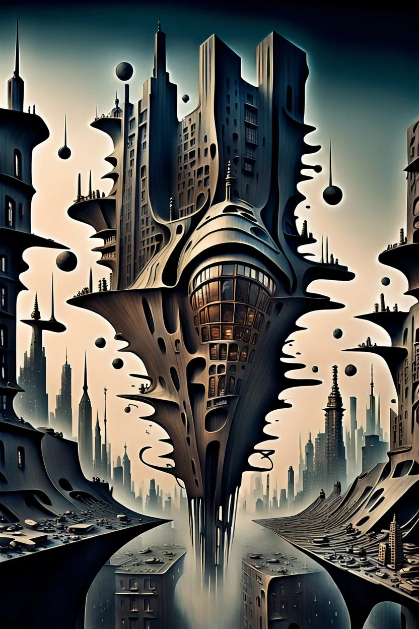 a stunningly weird image of a futuristic metropolis using Salvador Dali's paranoiac-critical method, where buildings and structures appear to melt into the skyline cityscape is filled with floating mad, twisted sharp metal shapes that interact with the buildings and each other, forming a surreal tableau of a dreamlike reality. neu-steampunk vibe, essence of the scene in a cinematic manner, with dramatic shadows that enhance the distorted perspectives and bizarre
