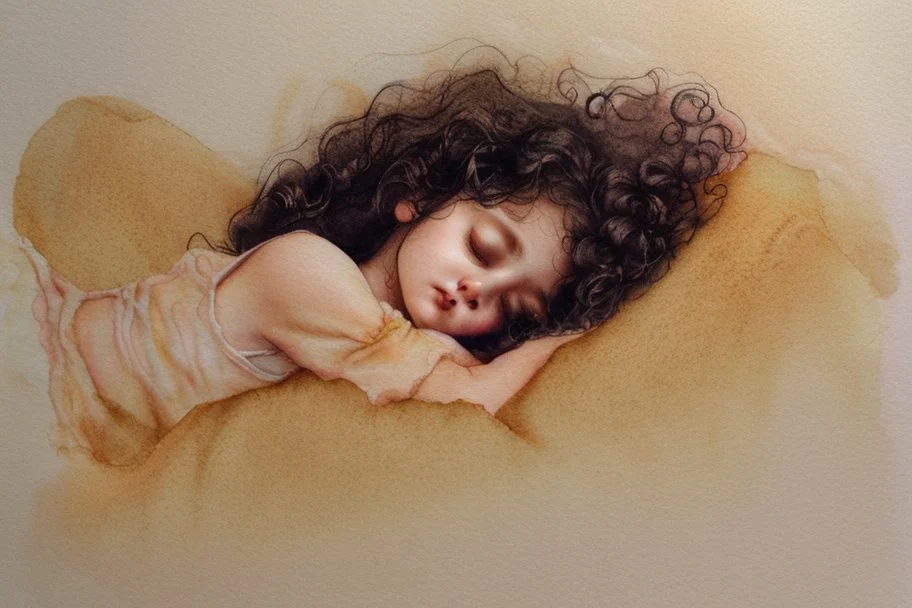 Small girl with long curly brown hair sleeping in god's hand (a big, clear hand) watercolor and ink, golden patina, glitters in ochre, backlit, mist and fog