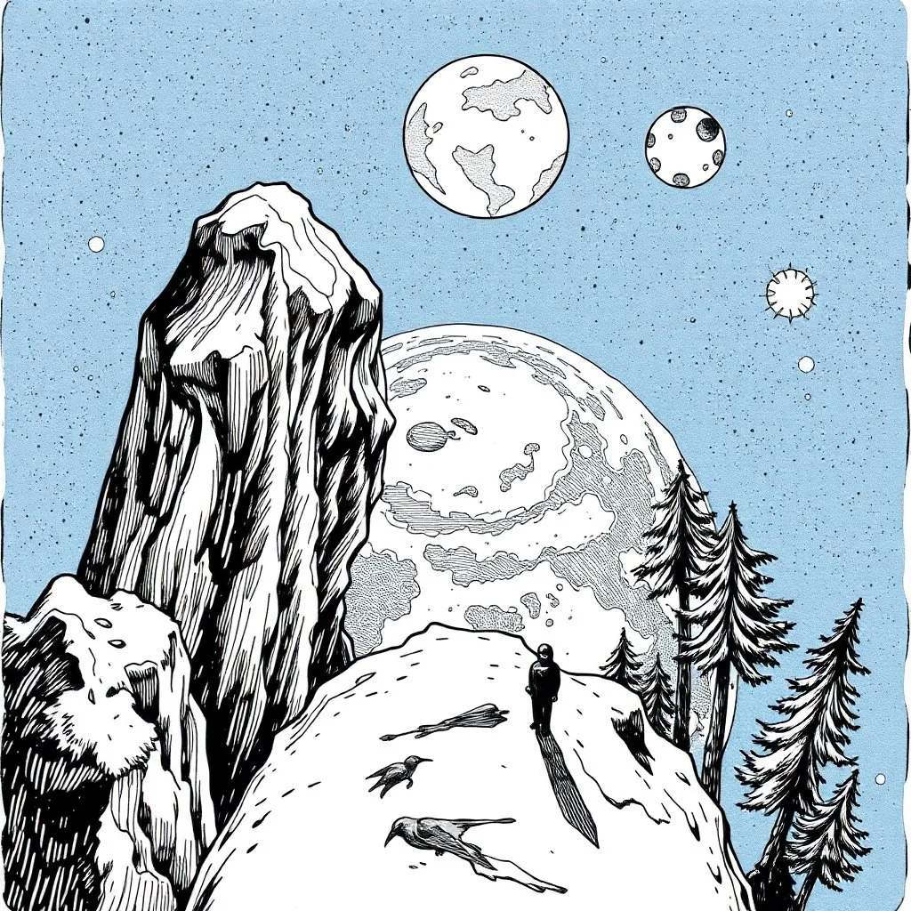 a alone man. pen and ink, birds eye view, illustrated by hergé, Background space and earth