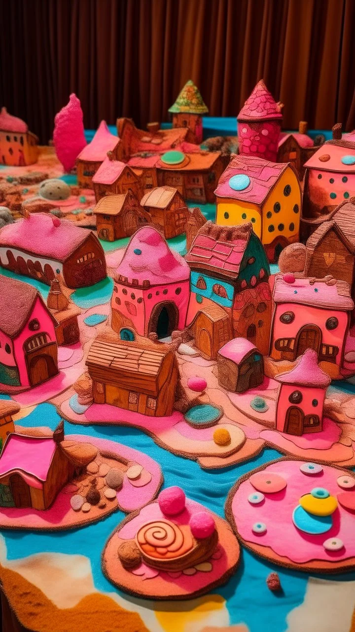 A pink village made out of cookies and cakes painted by Wassily Kandinsky