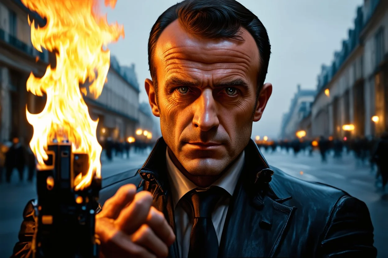 4k full realism. Full details. Lumieres ultra. Crée le portrait de Macron terminator mettant le feu à la ville de paris