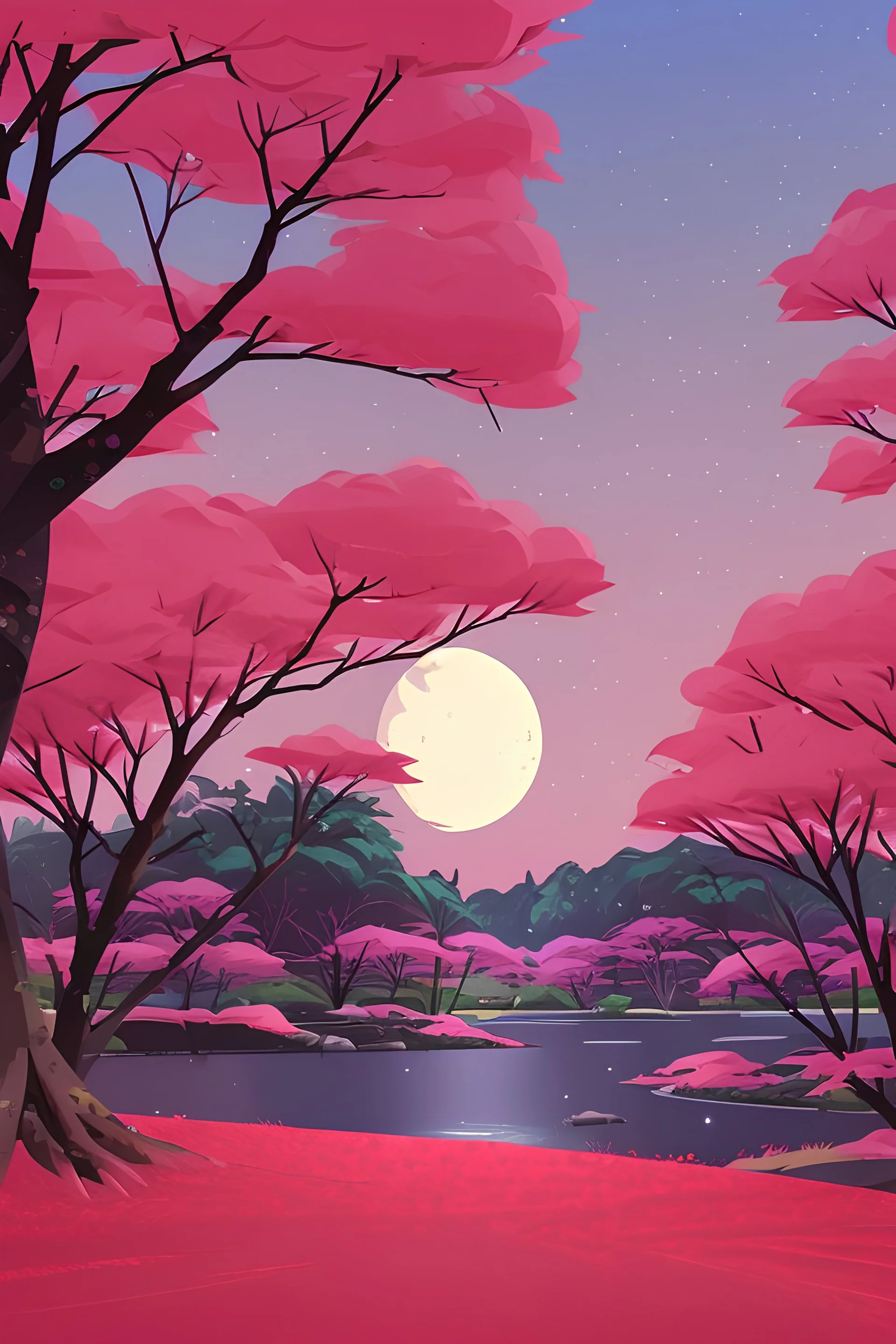 a land scape of Japanese garden, big red moon, red light, black sky, starlight night , surrounded by cherry blossom trees, cel shading