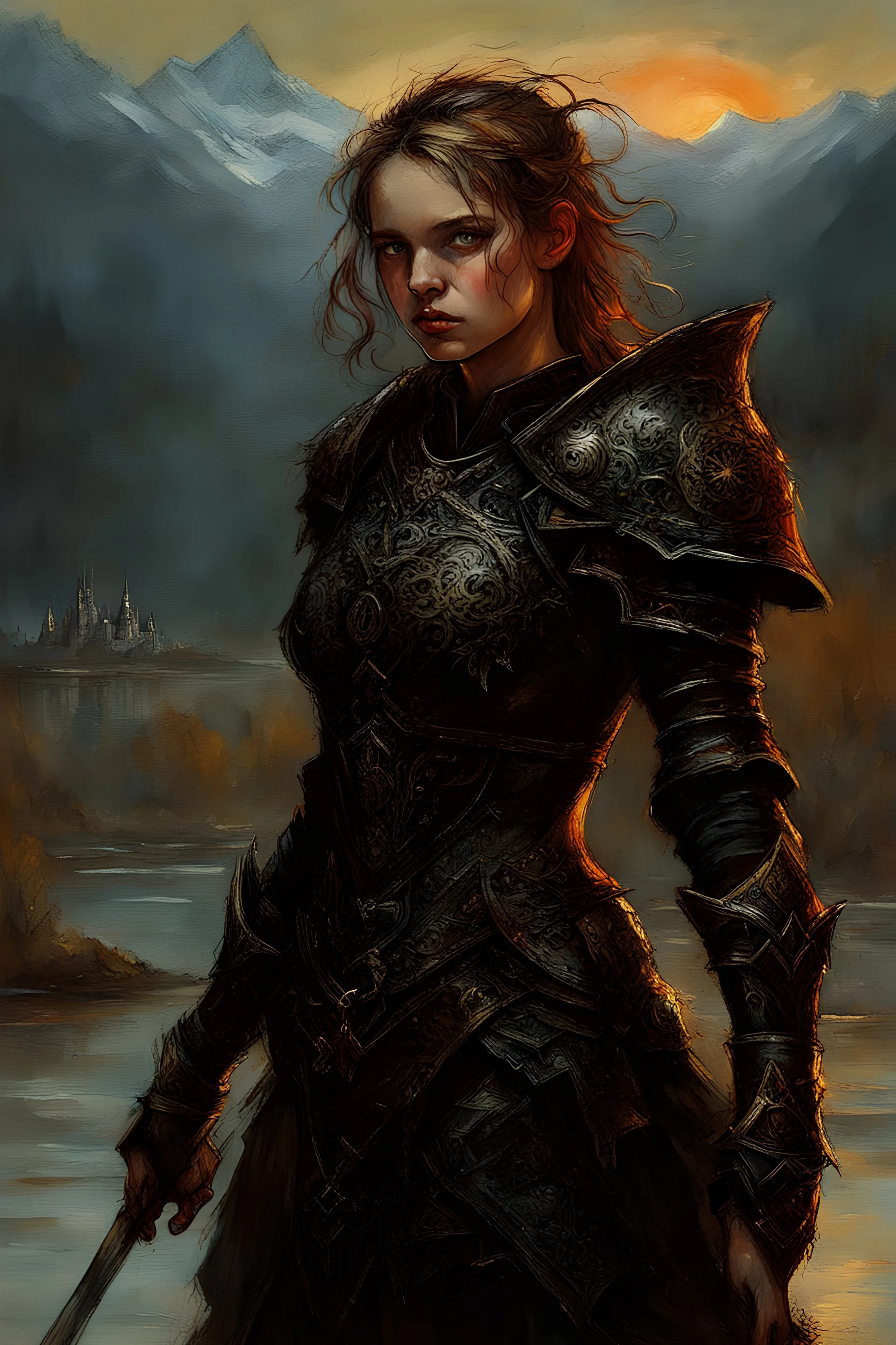 A formidable warrior girl in black armor, on the background Amazing gloomy landscape, flooded with sunset, mountains, trees, fabulous scary hero, , juicy emotions, painting, dark fantasy, gloomy day, dark world, portrait, Gothic Town At Night, Fantasy, Intricate Details, Castle Courtyard Gardens, Hyper Detailed, Jean Baptiste Monge, Carne Griffiths, Michael Garmash, Seb Mckinnon, Masterpiece