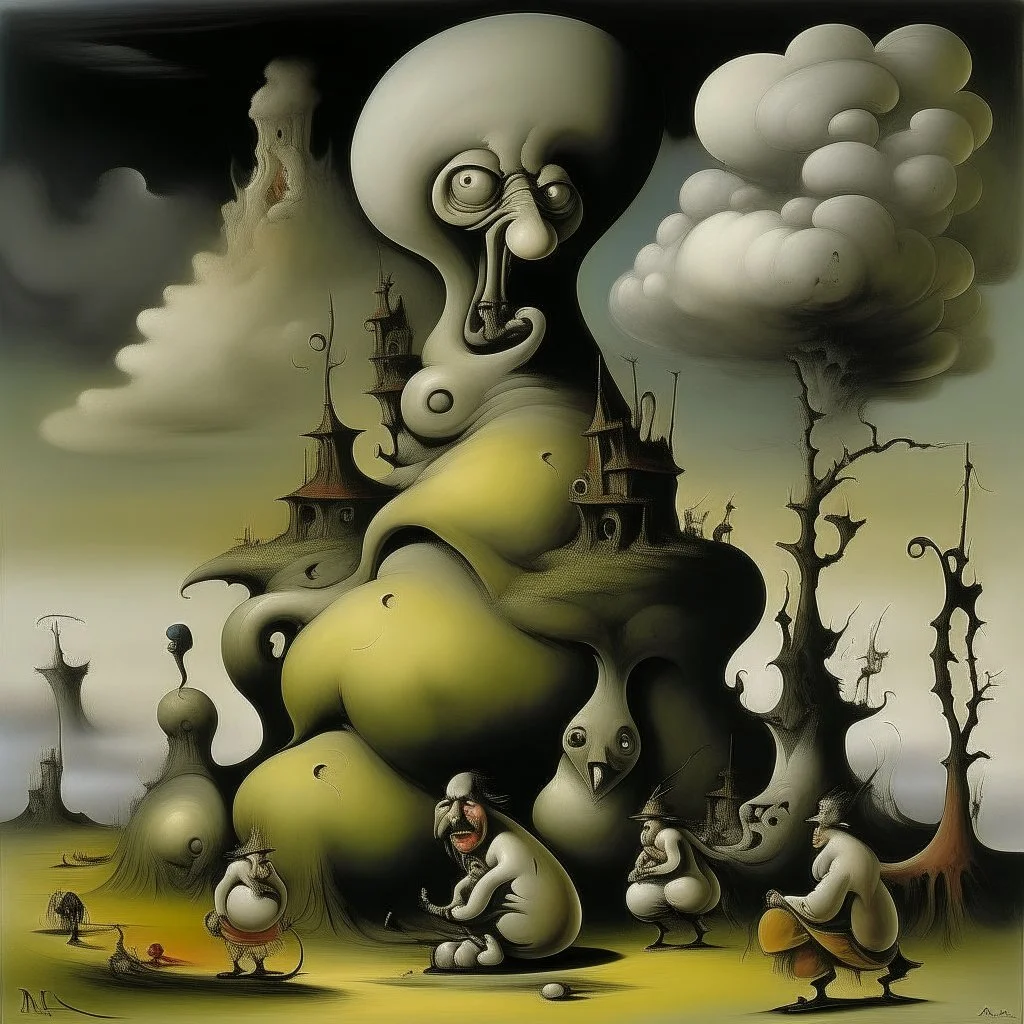 Surreal sinister, Style by Yves Tanguy, Dante's third level of hell = GLUTTONY, symbolic art, massively obese non-human radical bio deformity, Expressionism