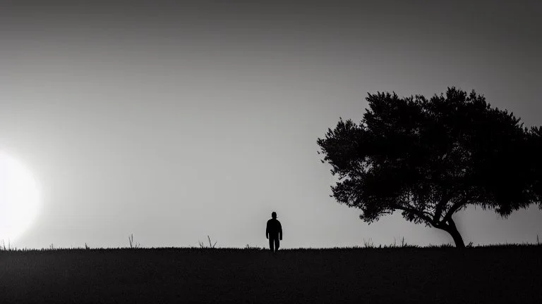 Lone man walking away into the sunset